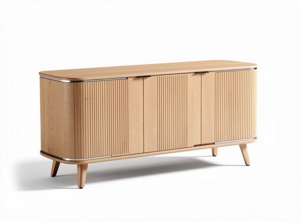 Modern oak sideboard with ribbed design and three-door storage 150 x 45 x 75cm