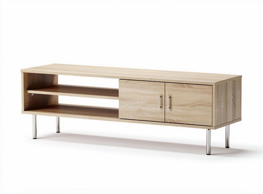 Wooden media console table with storage cabinets and open shelves 150 x 40 x 50cm