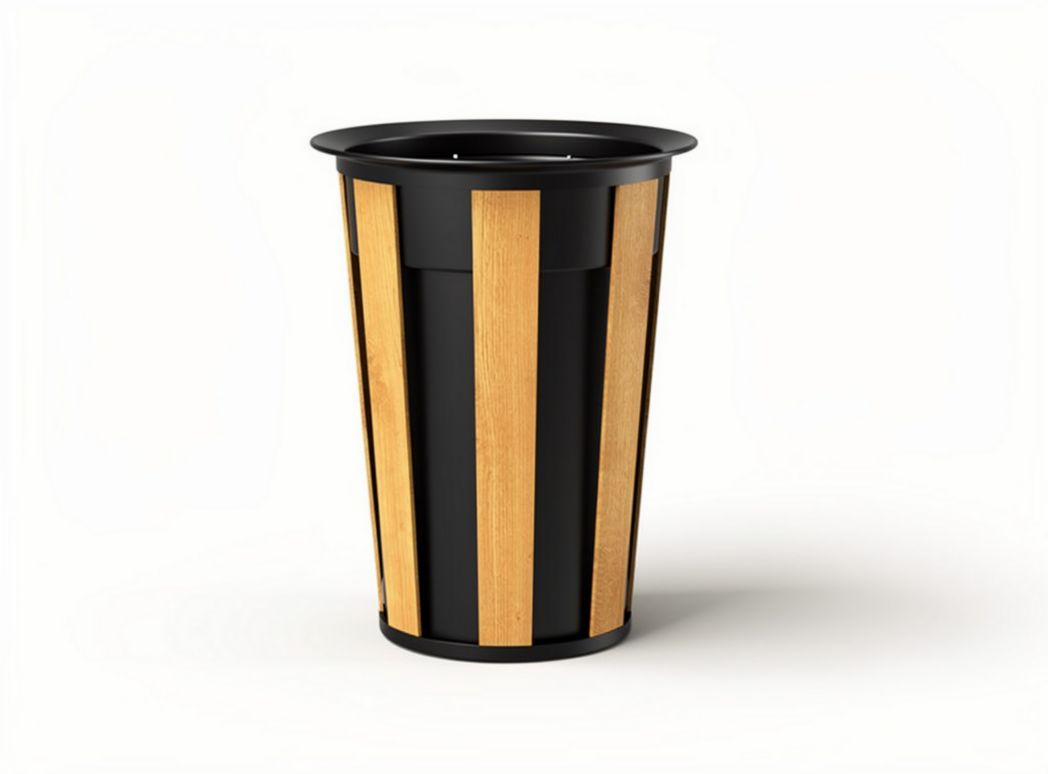 Wooden cylindrical trash can with slatted design for home office use 25 x 25 x 60cm
