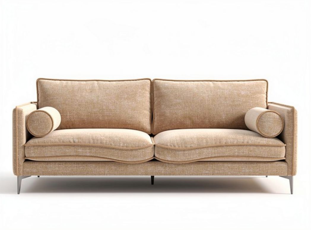 Modern beige fabric sofa with two cylindrical cushions dimensions 200 x 90 x 85cm