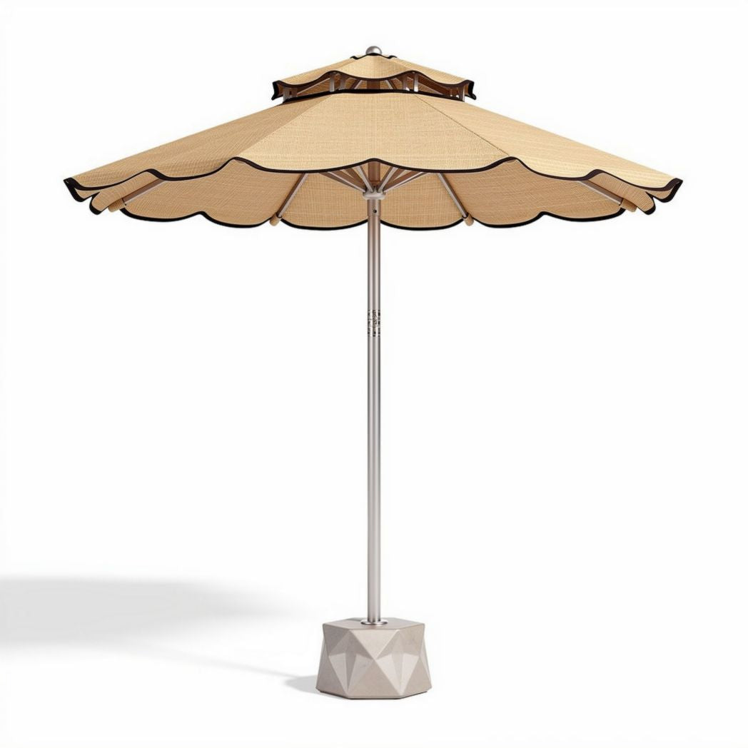 Patio umbrella 9 foot with scalloped edge in beige polyester canopy and steel frame