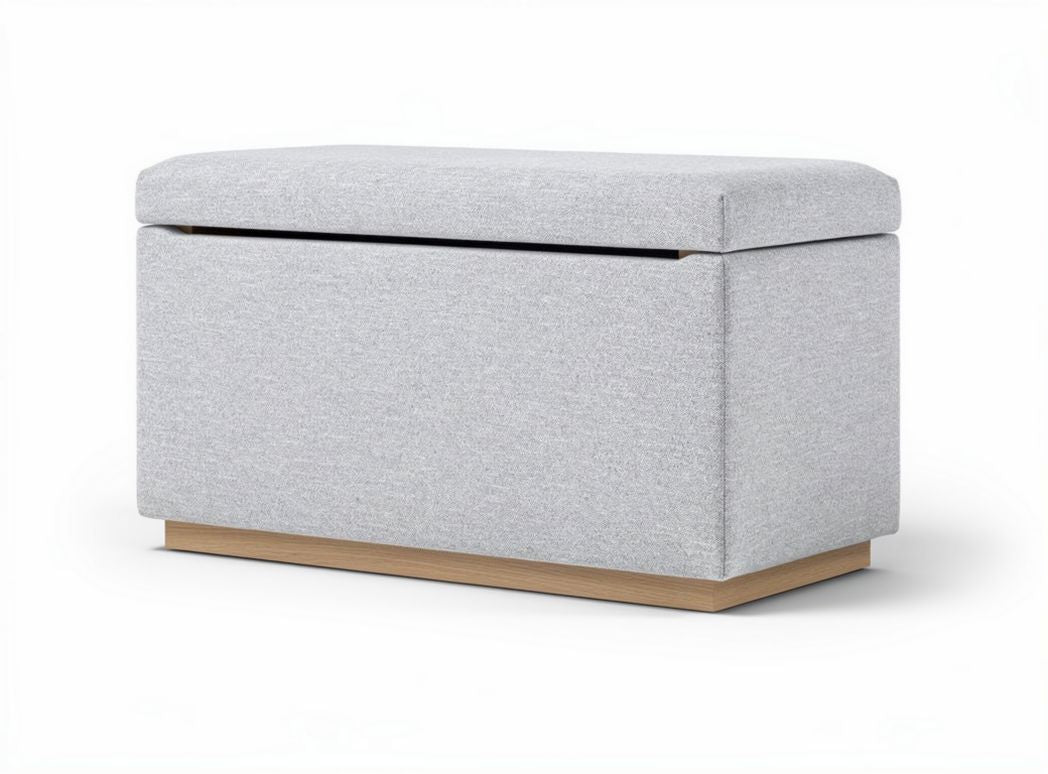 Upholstered storage bench with soft gray fabric and wooden base 80 x 40 x 45cm