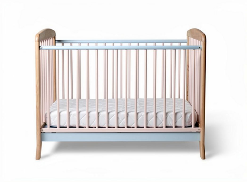 Wooden crib with soft mattress in pastel pink and blue finish 130 x 70 x 90cm