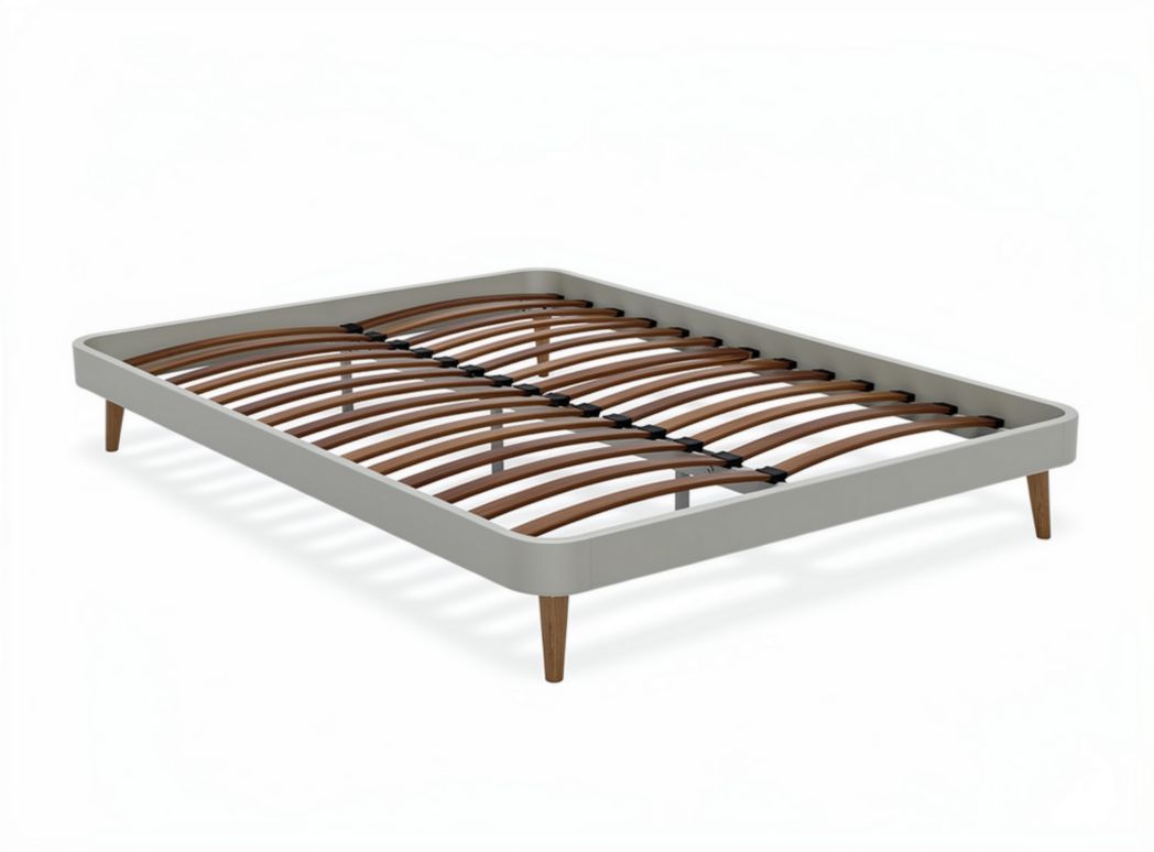 Wood slat bed frame with sturdy support in neutral gray color 200 x 160 x 30cm