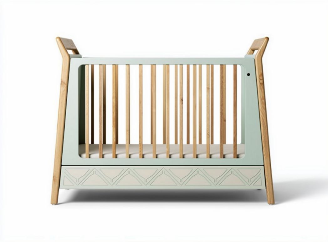 Wooden crib with geometric design in mint green and natural finish 120 x 70 x 90cm
