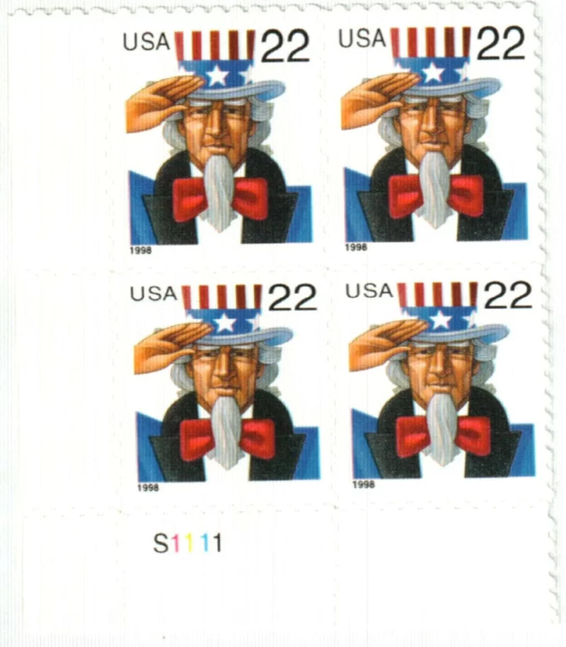 1998 22c Uncle Sam First Class Postage Stamps -(100 Stamps 5 Sheets)