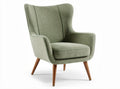 Green upholstered armchair with wooden legs for living room use