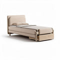 Twin size bed with upholstered headboard and under-bed storage in beige